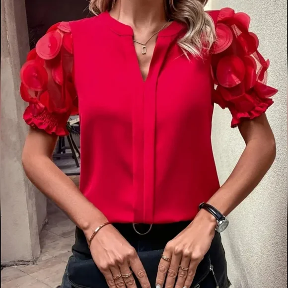 🐎 NEW! Red Women's  Dressy Blouse with Sheer Sleeves XL - Picture 3 of 3